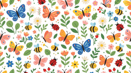 Fototapeta premium Cute Cartoon Butterflies, Bees, Ladybugs, and Flowers Seamless Pattern Vector