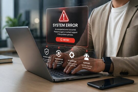 Glowing red system error hologram overlay on a laptop warning user of a software crash