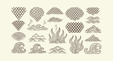Set of Hand Drawn Vintage Ocean Elements Including Waves Fish Scales and Seaweed Vector Illustration © RUMA