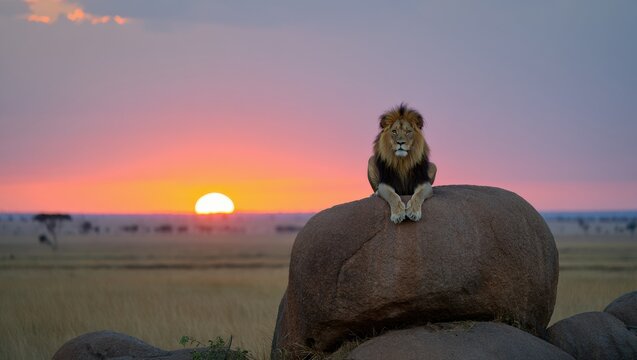 Majestic Lion on Rock at African Sunset