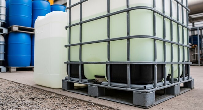 Large industrial plastic containers stacked outdoors, including a white jerrycan and a caged IBC