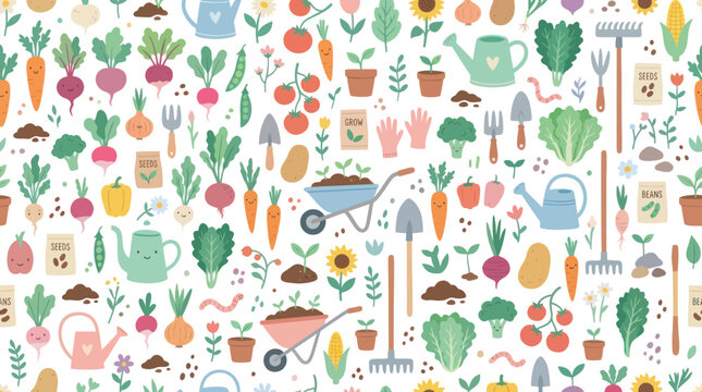Cute Flat Seamless Pattern: Gardening Vegetables, Tools  Plants for Agriculture  Healthy Food