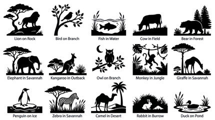 Obraz premium Black and White Wildlife Animal Silhouettes Vector Icons Set for Nature and Safari Design