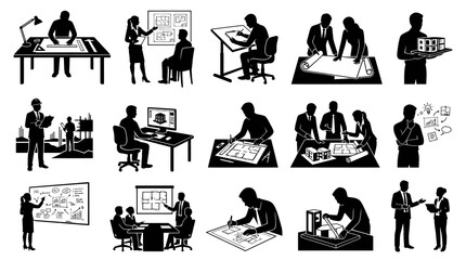 Fototapeta premium Black and White Icons of Architects and Engineers Working