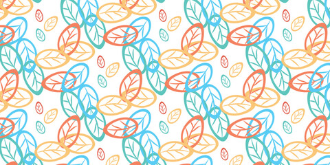 Fototapeta premium Seamless Pattern with Scattered Hand Drawn Colorful Leaves and Foliage