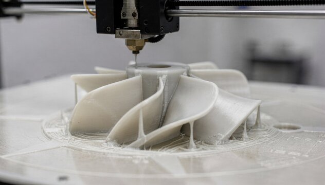 Medium shot of a polymerbased pump impeller being carefully produced on a resin 3D printer highlighting smooth surfaces and rapid prototyping for fluid dynamics testing.
