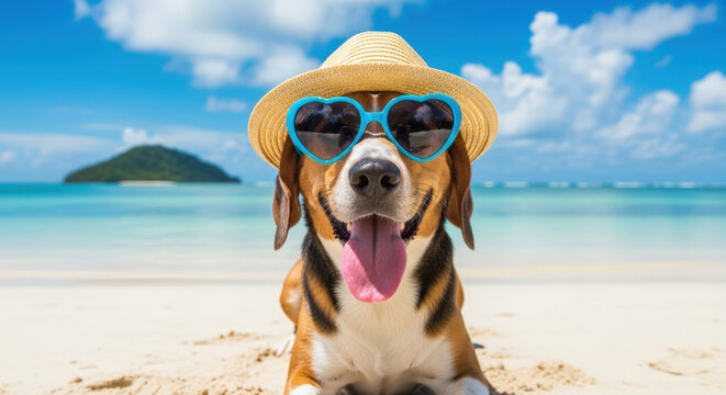 Happy Dog Beach Vacation Summer Holiday Beagle Sunglasses Straw Hat Tropical Paradise Seascape Ocean Sand Relaxation Travel Tourism Cute