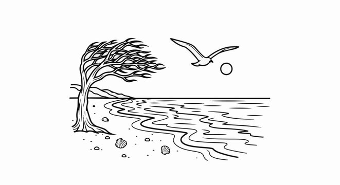 Windswept tree on a sandy beach with a seagull flying over rippling water