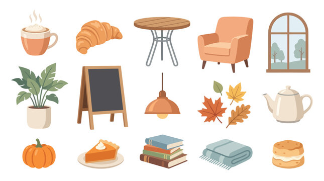Autumn Cafe Cozy Flat Illustration with Coffee, Pie, Books, and Blanket