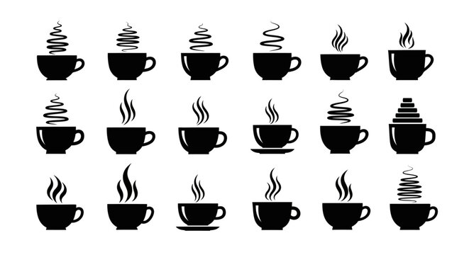 Elegant coffee cup icons with various steam styles and saucer designs. Vector silhouette collection of hot beverage mugs for cafe logos and menu decorations