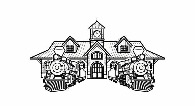 Vintage train station with two steam engines ready for departure