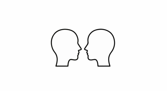 Two simple black outline profiles of human heads facing each other
