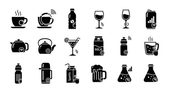 Drink and beverage vector icons set with smart features. Hot coffee, tea, wine, beer, soda, water bottle, milk carton, sports drink, cocktail