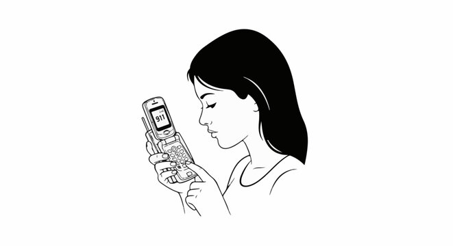 Woman looking at flip phone with 911 displayed on screen