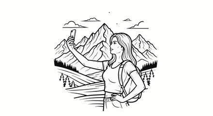 Obraz premium Woman taking a selfie with mountains and trees in the background
