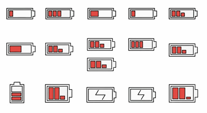 Various battery level icons, showing full, partial, and charging states