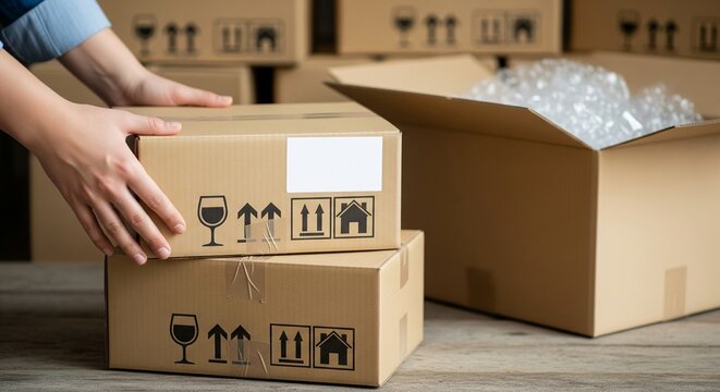 Hands carefully placing a cardboard box on top of another, preparing for shipping or moving