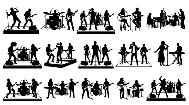 Black and White Silhouettes of Rock Bands Performing Music
