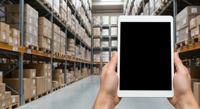 Hands holding a tablet computer in a warehouse with shelves full of cardboard boxes, logistic
