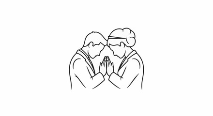 Obraz premium Two figures bowing heads together in a gesture of respect or prayer