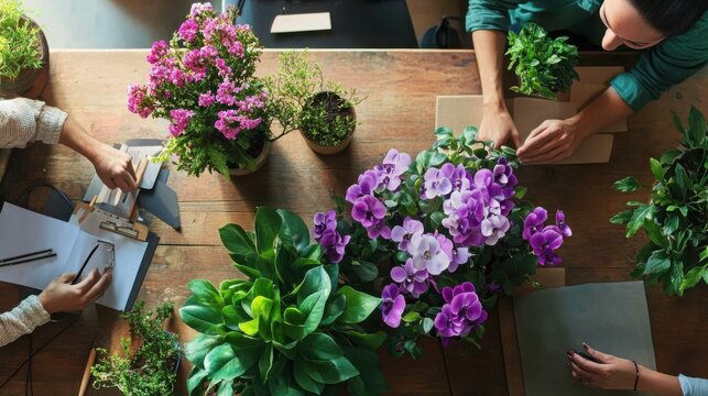 people working with flowers on wooden table