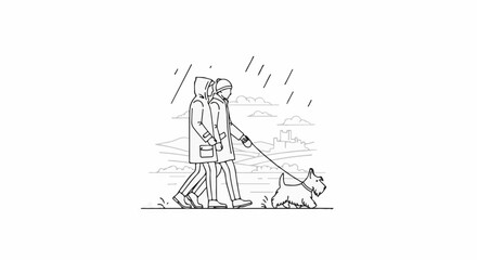 Obraz premium Two people with a dog walk in the rain on a landscape with a castle