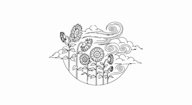 Whimsical line art of sunflowers blowing in a windy, cloudy sky