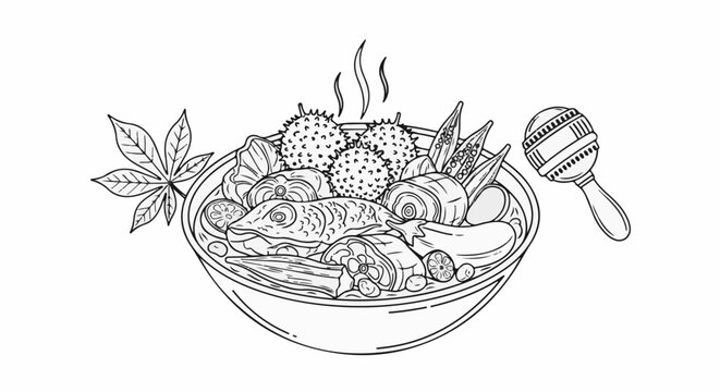 Whimsical line drawing of a steaming bowl of fish, vegetables, and spiky fruit with a maraca