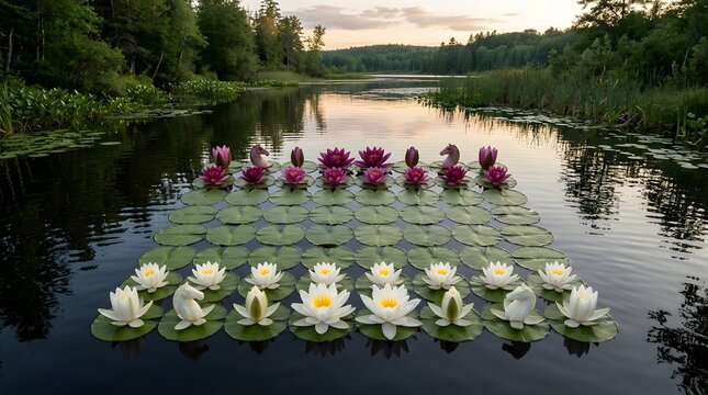 Two rows of white and pink water lilies adorned with decorative white horse chess pieces float serenely on calm water