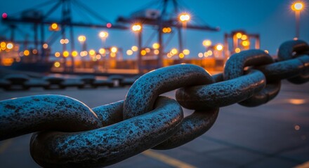 Naklejka premium Heavy Industrial Chain Close-up at Dusk in Port with Cranes and Lights, Symbolizing Strength