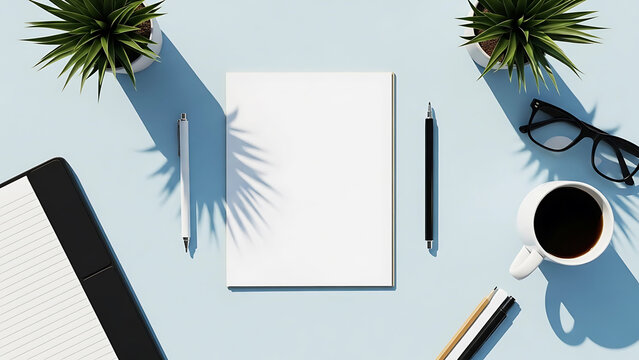 Flat lay minimal home office desk setup overhead view blank notebook coffee cup glasses plants blue background