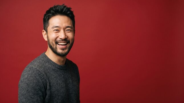 A portrait of a cheerful East Asian man with a beard, laughing joyfully against a solid vibrant red background