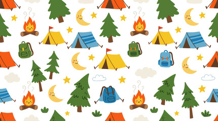 Naklejka premium Cute Camping Seamless Pattern with Tents, Campfires, Moon, and Trees