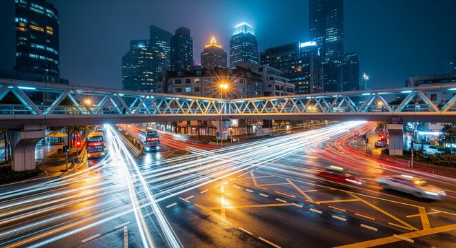 Illuminated Cityscape at Night with Streaking Car Lights and Pedestrian Overpass, Modern Urban