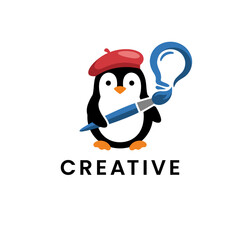 Obraz premium A whimsical logo featuring a cute penguin wearing a beret and holding a brush, symbolizing creativity and artistic expression in a playful manner.