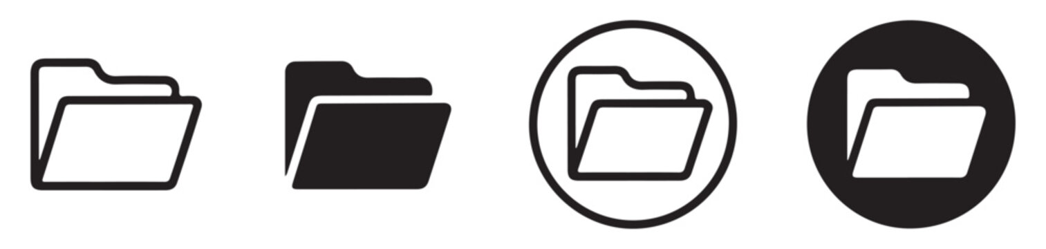 Set of four folder icons in different styles isolated on transparent background.