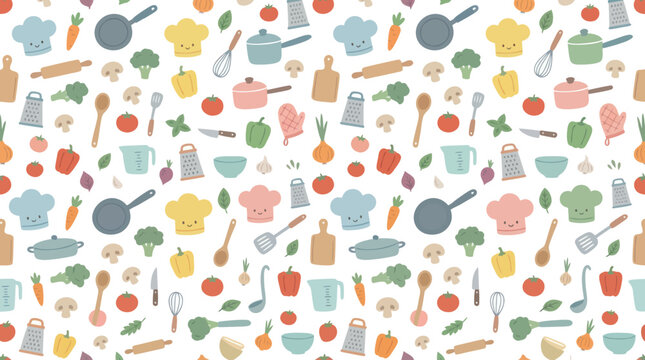 Cute Kawaii Cooking Kitchen Utensils and Vegetables Pattern