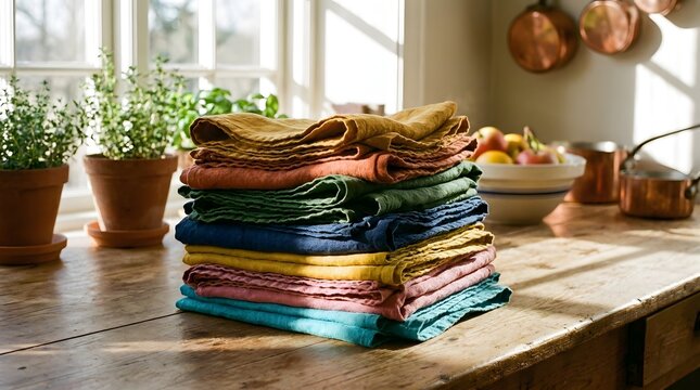 A stack of folded colorful linen napkins in vibrant shades sits neatly on a rustic wooden table surface