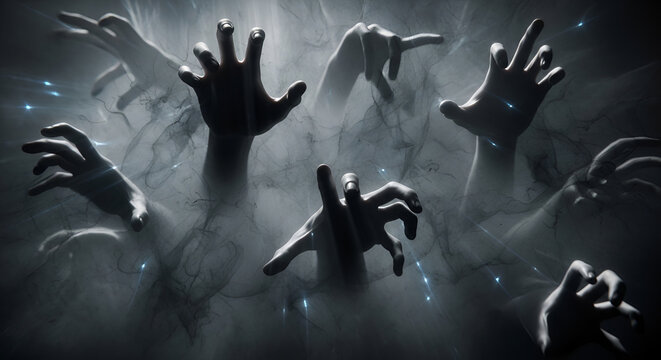 zombie hands reaching out from dark foggy background