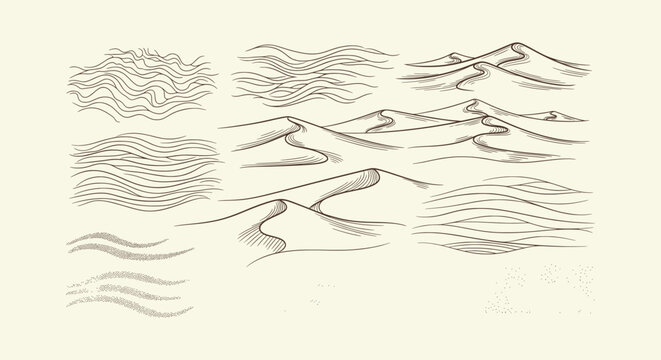 Set of hand drawn vintage desert sand dunes and wind ripple landscape elements in woodcut style.