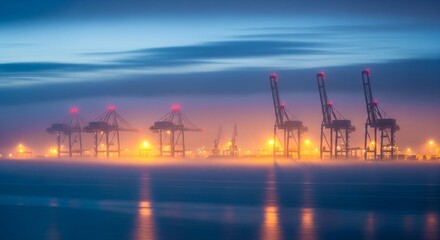 Obraz premium Industrial Port Cranes Silhouetted Against Foggy Twilight Sky with Glowing Lights Reflected in Water