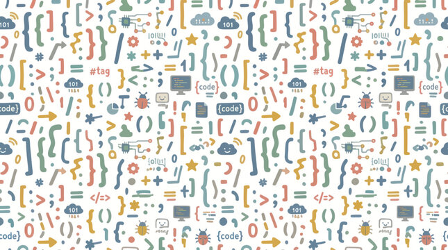 Seamless Coding Pattern: Braces, Bugs, and Tech Icons in Flat Style