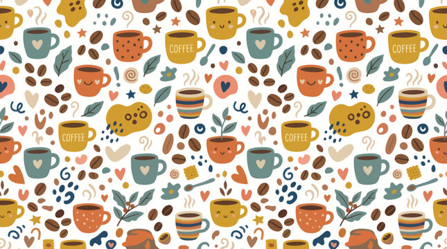 Cute Coffee Mugs and Beans Seamless Pattern, Flat Kawaii Style
