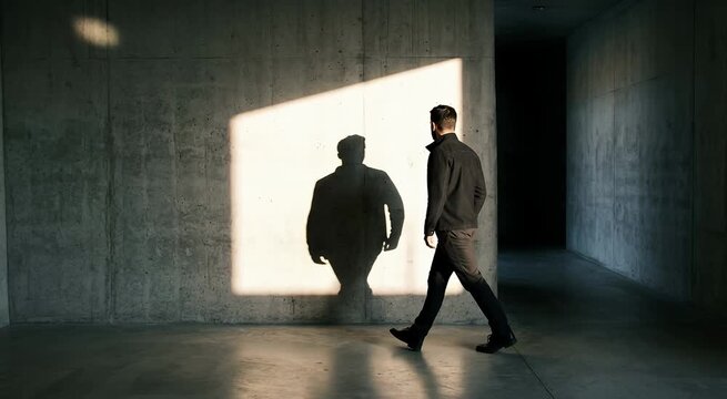 Man Walking Past Industrial Concrete Wall Casting Deep Shadow