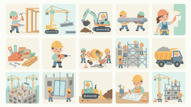 Construction Industry Flat Cartoon Set: Workers, Tools, Buildings  Heavy Machinery