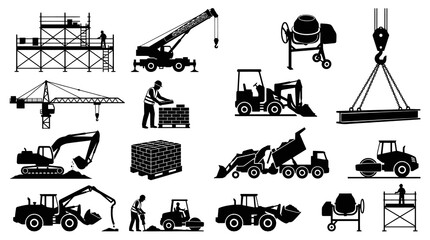 Obraz premium Construction Industry Black White Glyph Icons: Equipment, Workers Tools Vector Set