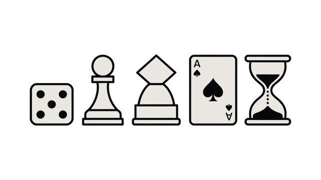 Board game doodle icon collection, hand drawn black and white vector set with dice, chess piece pawn, meeple figure, playing card ace of spades, and hourglass timer for gaming UI, hobby branding.