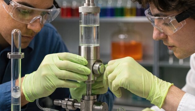 Technicians carefully adjust a piston dosing pumps stroke length to achieve precise microdose delivery of fluids in a controlled lab environment.