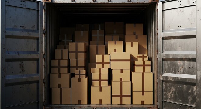 Inside shipping container filled with many stacked cardboard boxes, ready for delivery and logistics