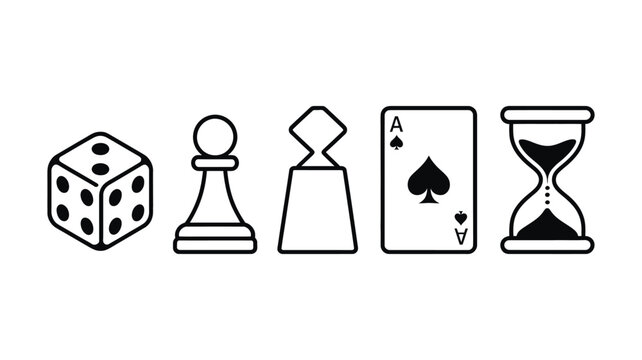 Board game doodle icon collection, hand drawn black and white vector set with dice, chess piece pawn, meeple figure, playing card ace of spades, and hourglass timer for gaming UI, hobby branding.